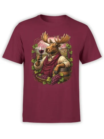 unisex red t-shirt with detailed graphic of a dressed moose tasting red wine among grapes, barrel, and vineyard scenery