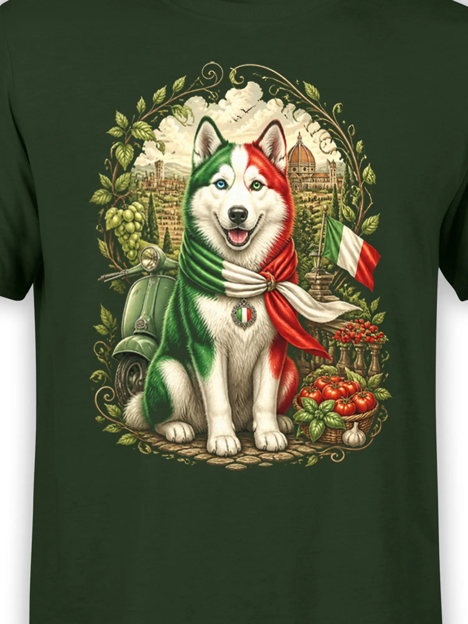 Close-up of Italian tricolor husky graphic with Vespa, Florence dome, tomatoes, and grapes on dark green fabric