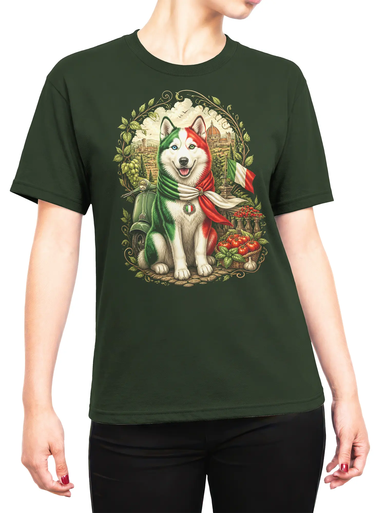 Woman wearing dark green Italia husky dog shirt with Tuscan scene and Italian flag