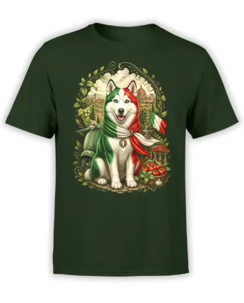 Dark green unisex T-shirt with an Italian flag colored husky, Vespa scooter, and Tuscan cityscape surrounded by vines