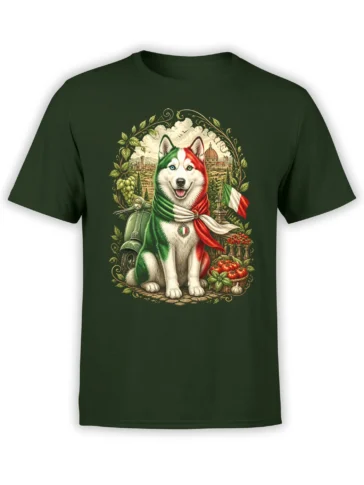 Dark green unisex T-shirt with an Italian flag colored husky, Vespa scooter, and Tuscan cityscape surrounded by vines