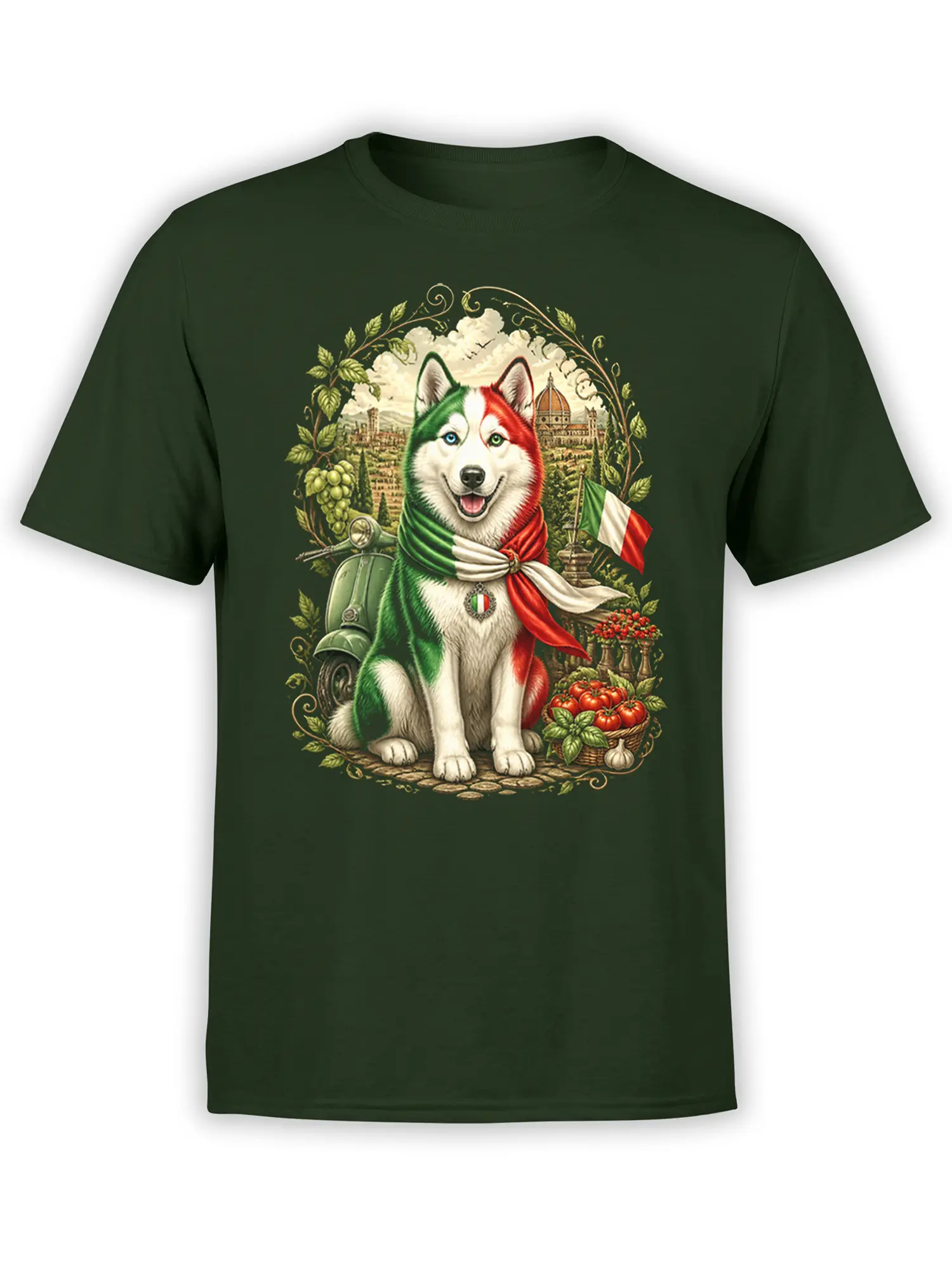 Dark green unisex T-shirt with an Italian flag colored husky, Vespa scooter, and Tuscan cityscape surrounded by vines