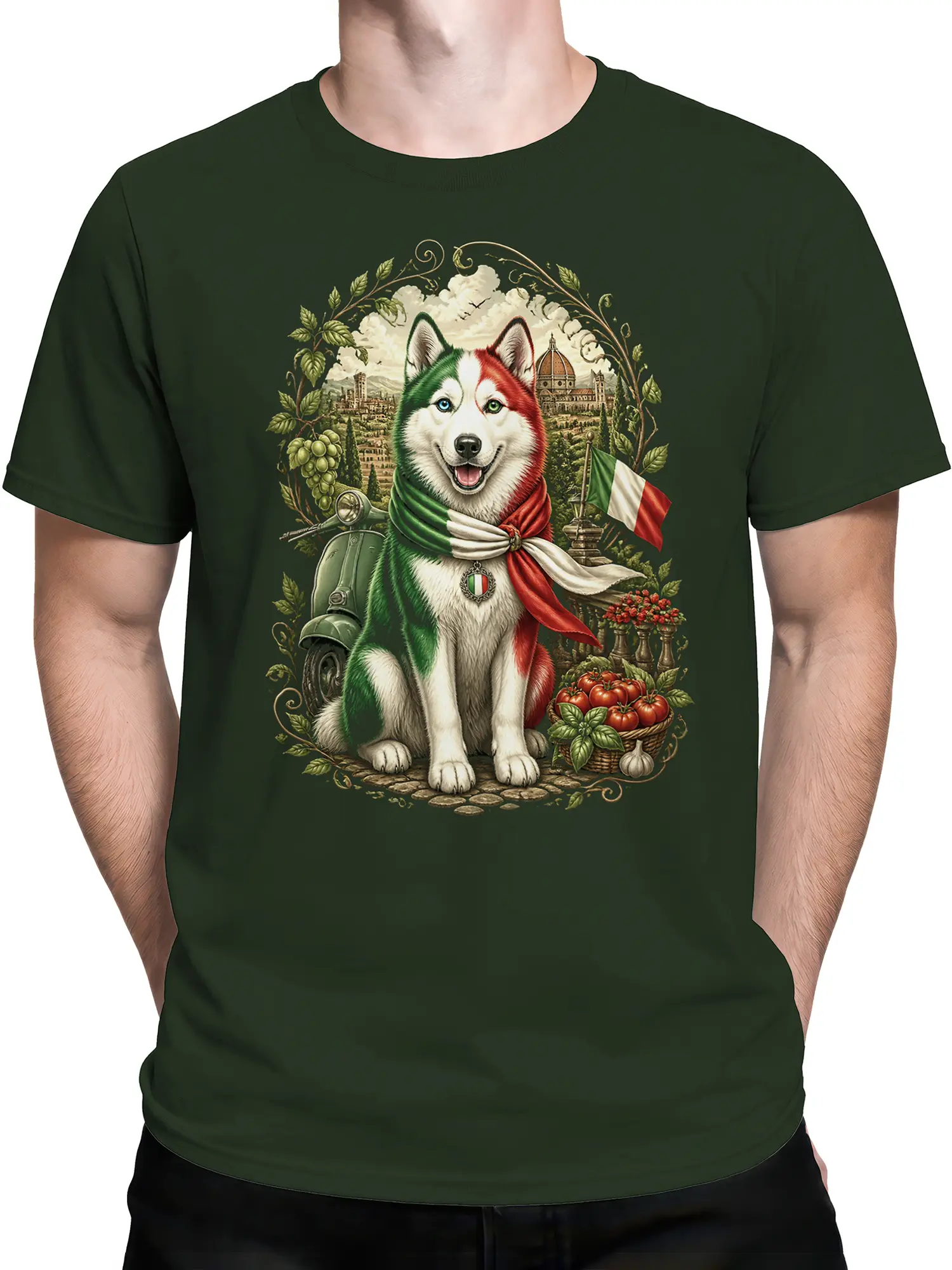 Man wearing dark green Italian husky dog T-shirt with Vespa and Florence backdrop