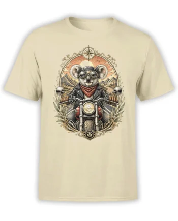 beige unisex t-shirt with detailed biker koala on motorcycle, framed by mountains, road, and compass in vintage illustration style