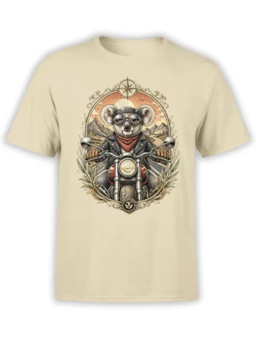 beige unisex t-shirt with detailed biker koala on motorcycle, framed by mountains, road, and compass in vintage illustration style
