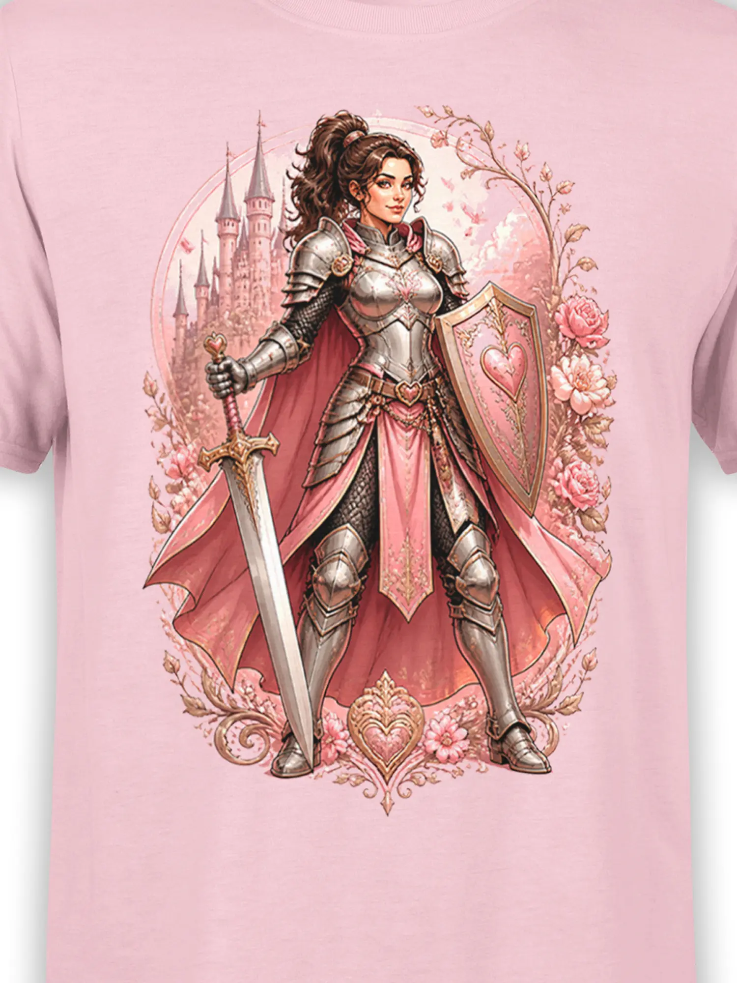 close-up of lady knight armor, sword, heart shield, castle and rose details on pink fantasy graphic tee