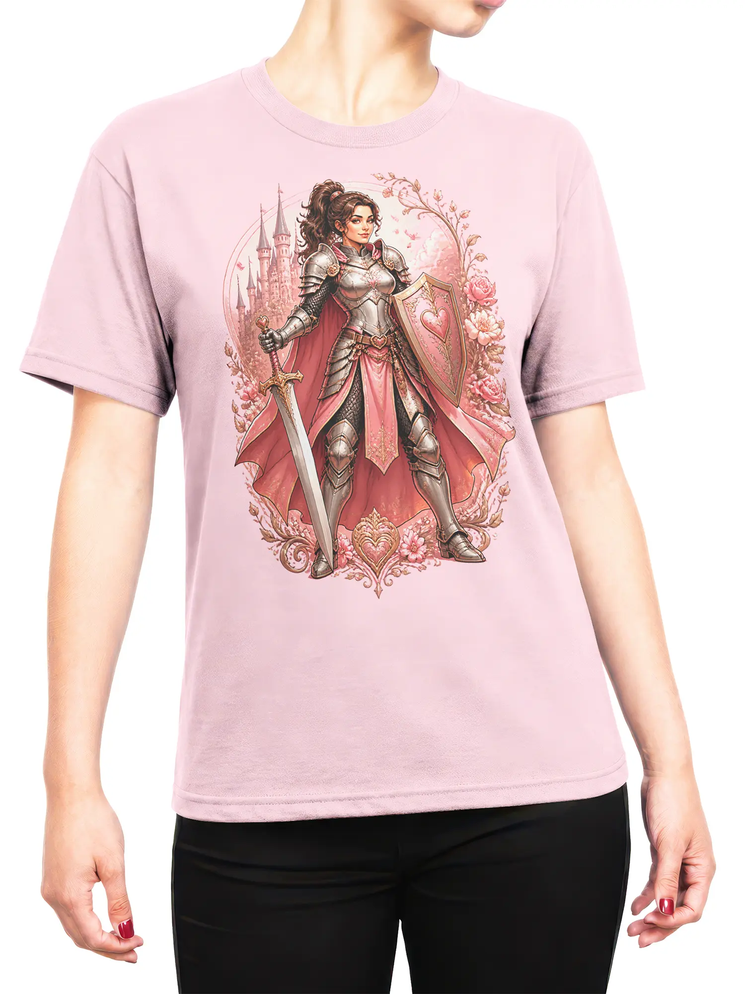 female model wearing pink lady knight fantasy t-shirt with sword, heart shield, and castle graphic centered on chest