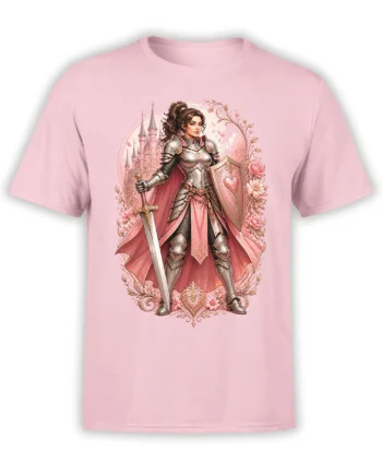 pink unisex t-shirt with detailed lady knight in silver and pink armor holding sword and heart shield, castle and roses in ornate fantasy frame