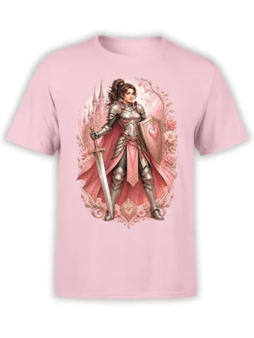 pink unisex t-shirt with detailed lady knight in silver and pink armor holding sword and heart shield, castle and roses in ornate fantasy frame