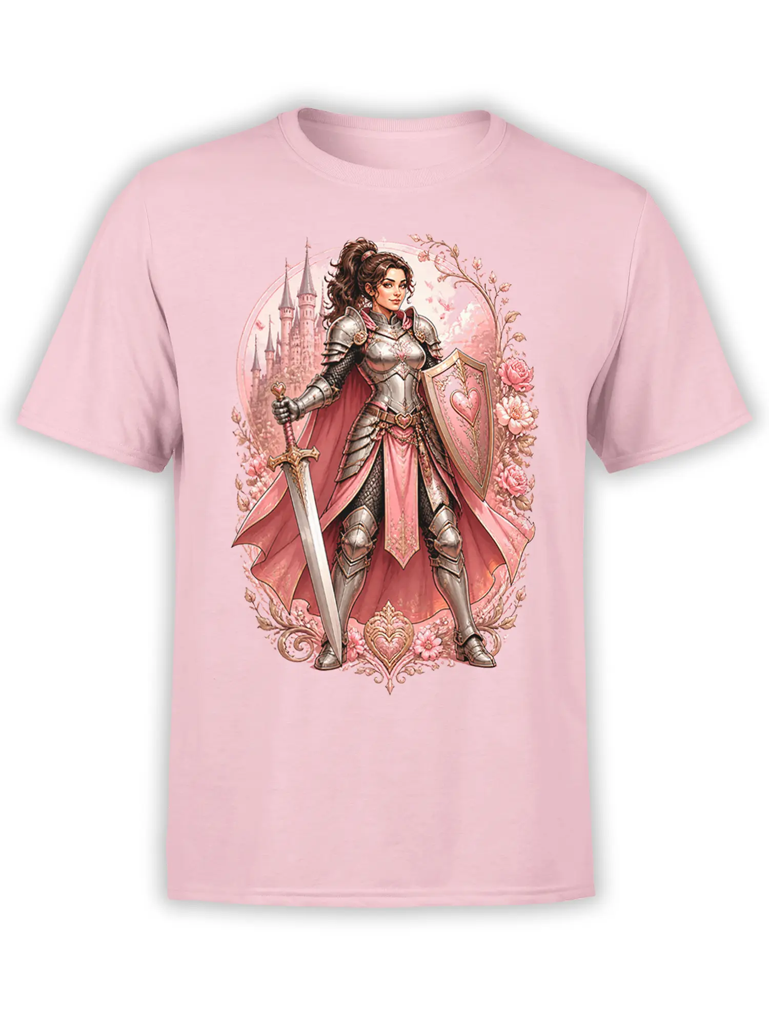 pink unisex t-shirt with detailed lady knight in silver and pink armor holding sword and heart shield, castle and roses in ornate fantasy frame