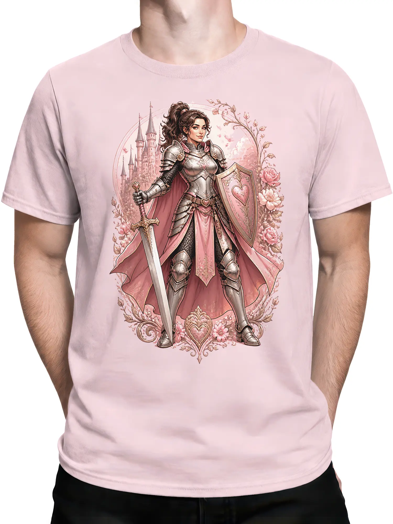 male model wearing pink lady knight fantasy tee with silver and pink armored knight, sword, and heart shield design