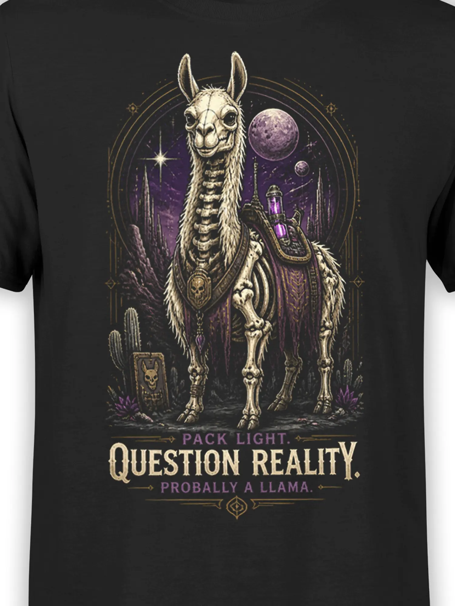 Close-up of skeletal space llama illustration with glowing purple details and desert planets on black cotton fabric