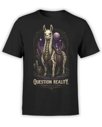 Black unisex t-shirt with detailed skeletal space llama graphic and purple cosmic desert background with question reality slogan