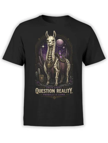 Black unisex t-shirt with detailed skeletal space llama graphic and purple cosmic desert background with question reality slogan