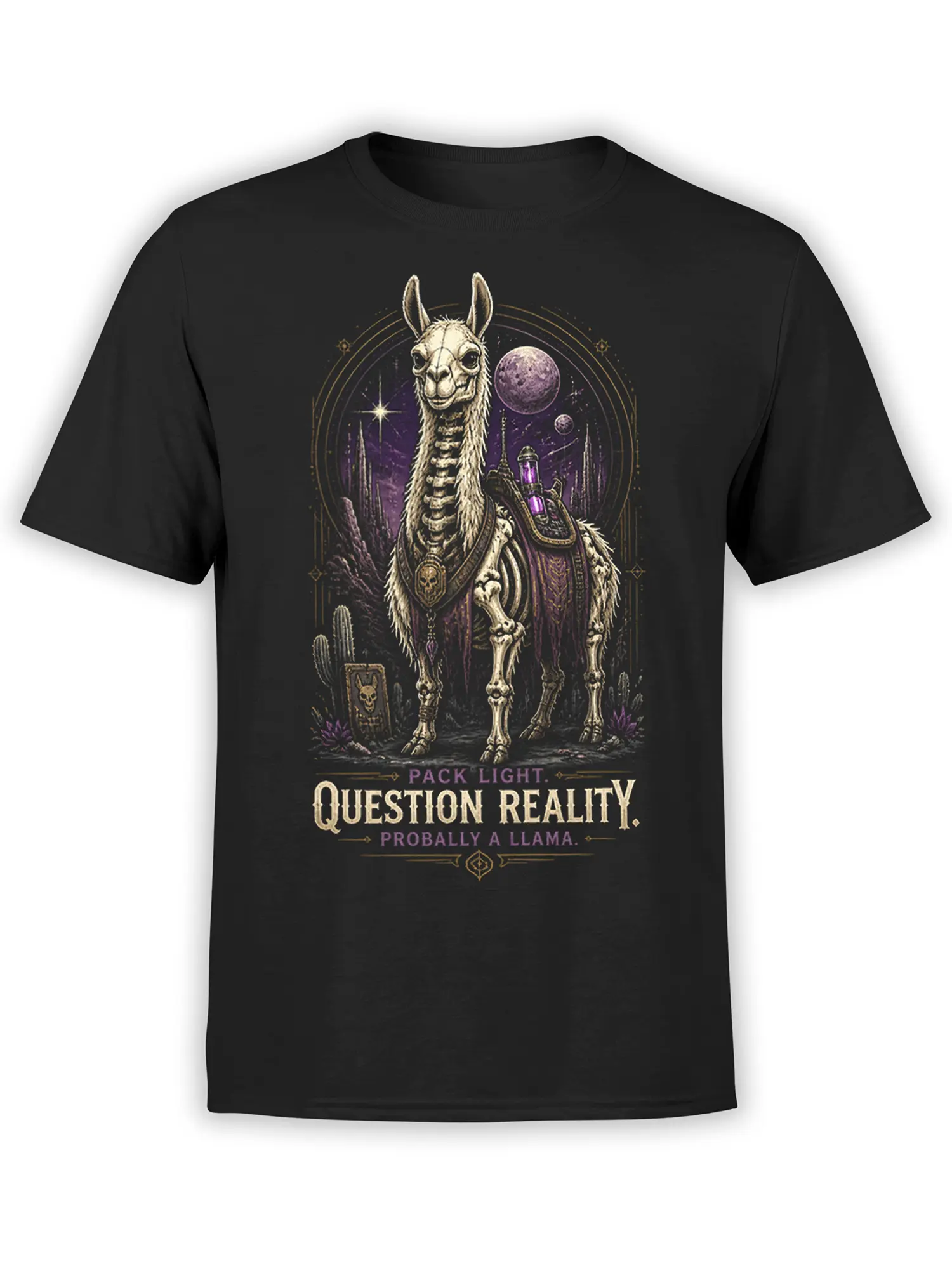 Black unisex t-shirt with detailed skeletal space llama graphic and purple cosmic desert background with question reality slogan