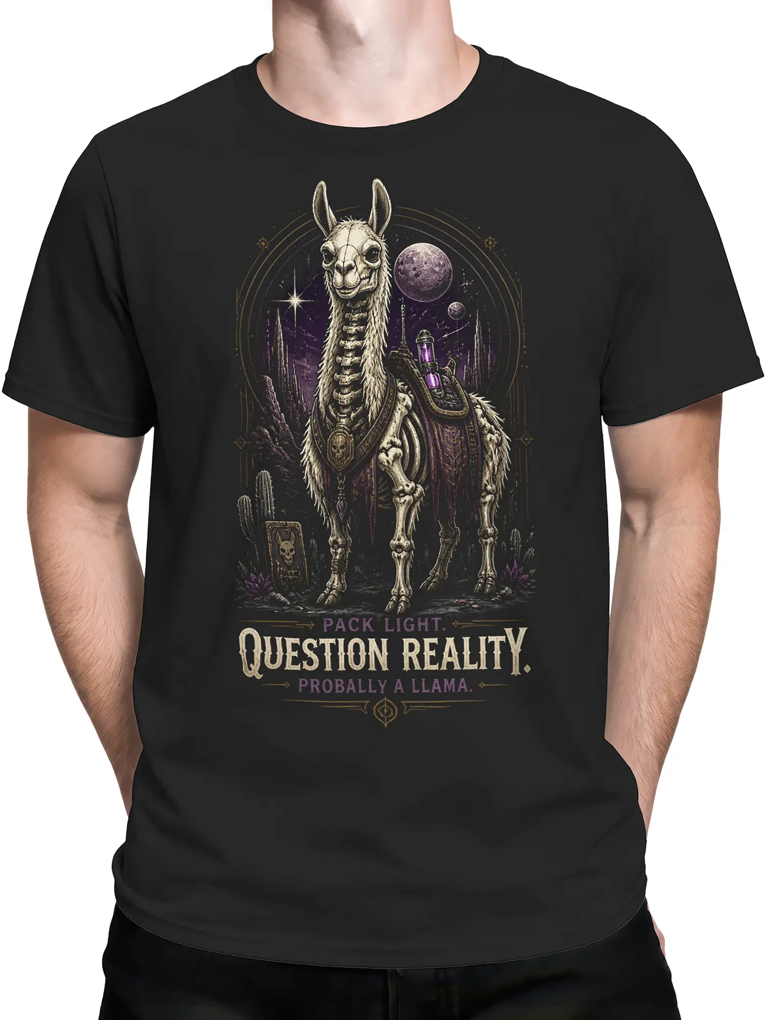 Man wearing black question reality llama shirt with skeletal space llama and purple planets