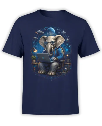 navy unisex t-shirt with a detailed graphic of an elephant programmer in a sci-fi space office at a laptop