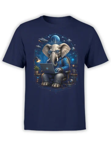 navy unisex t-shirt with a detailed graphic of an elephant programmer in a sci-fi space office at a laptop