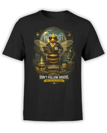 Black unisex t-shirt with detailed manager bee in a suit holding a tablet and quote about great hives following purpose in golden honey tones