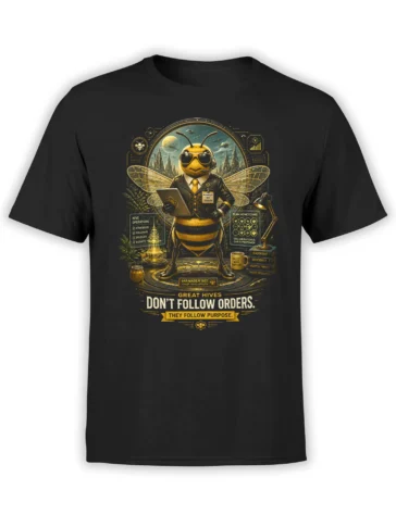 Black unisex t-shirt with detailed manager bee in a suit holding a tablet and quote about great hives following purpose in golden honey tones