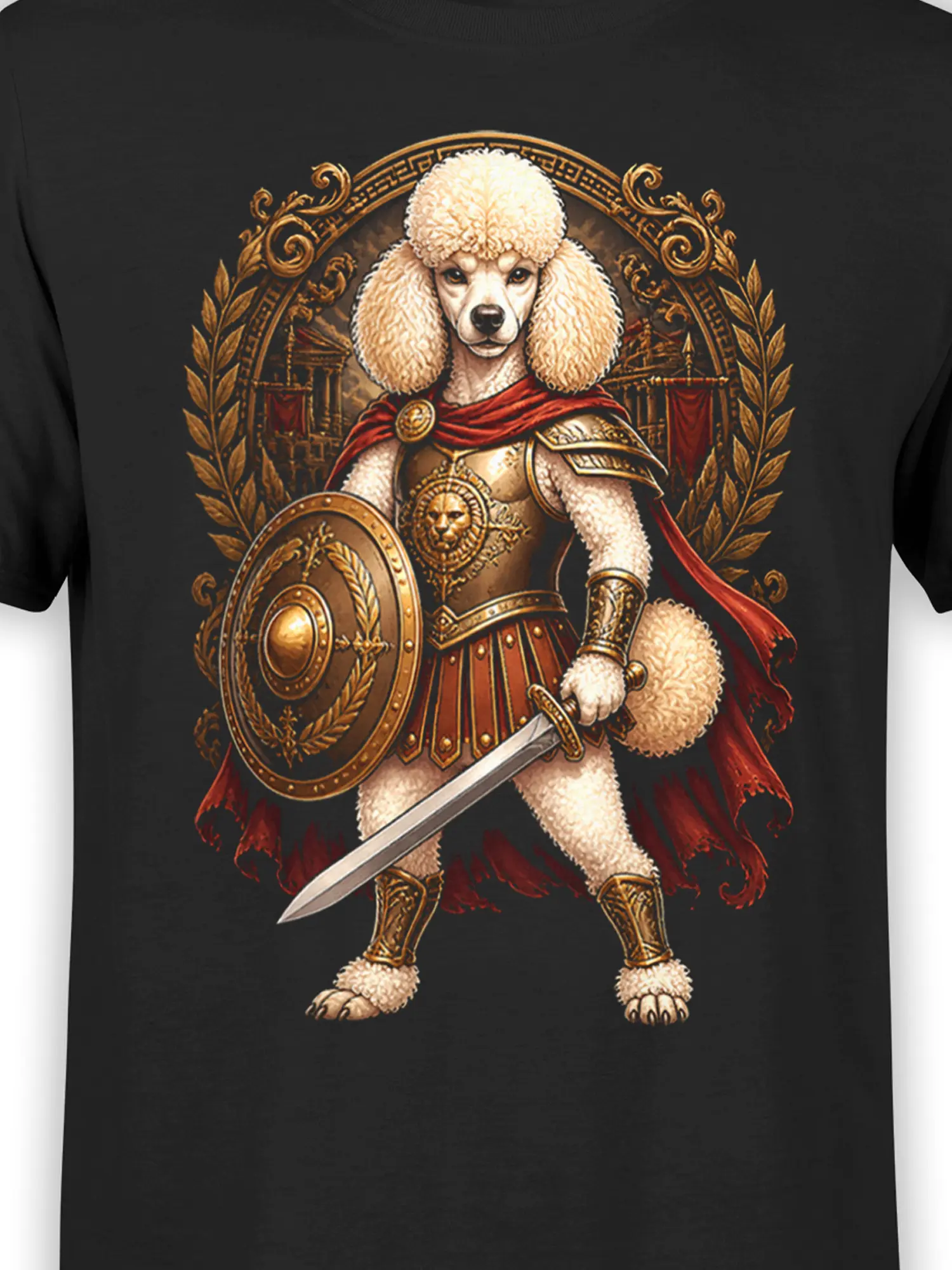 Close-up of white poodle gladiator artwork showing detailed golden armor, shield, sword, and red cape on black fabric