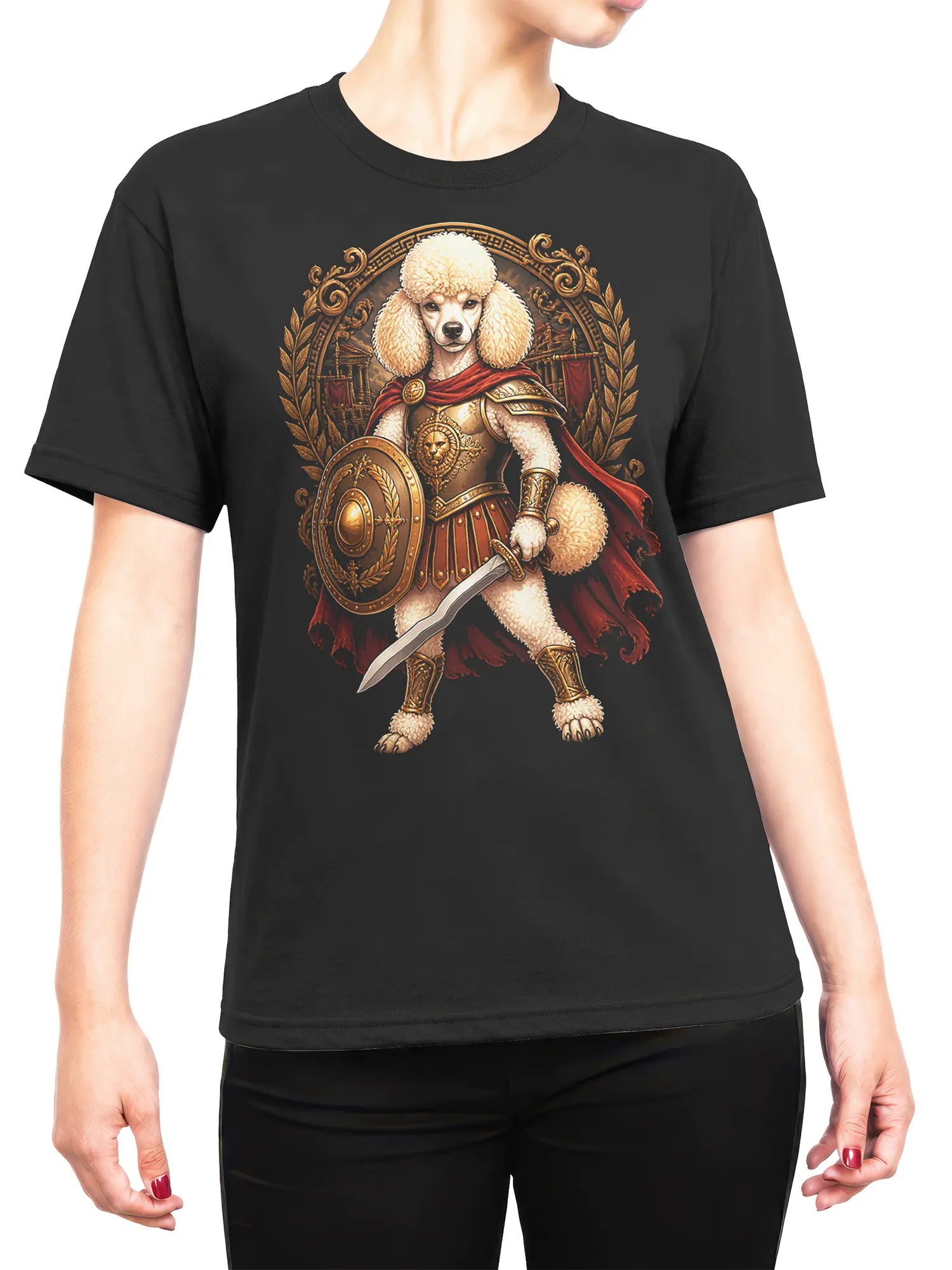 Woman wearing black tee with white poodle gladiator in gold armor and red cape centered on the chest