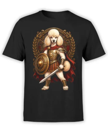 Black unisex t-shirt featuring a white poodle gladiator in golden armor holding a sword and shield with a laurel and temple backdrop