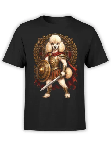 Black unisex t-shirt featuring a white poodle gladiator in golden armor holding a sword and shield with a laurel and temple backdrop