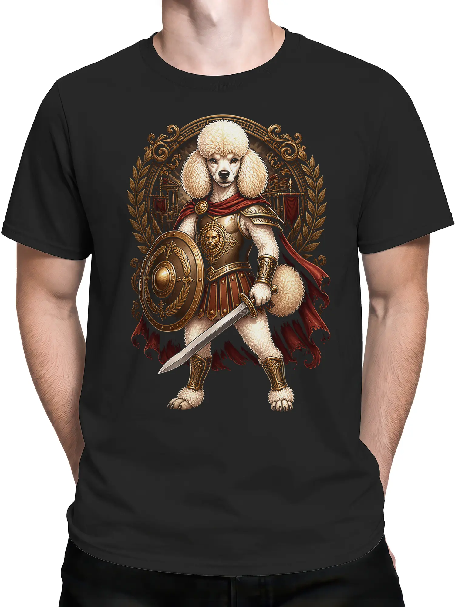 Man wearing black tee featuring an armored white poodle gladiator with sword and shield framed by golden laurels