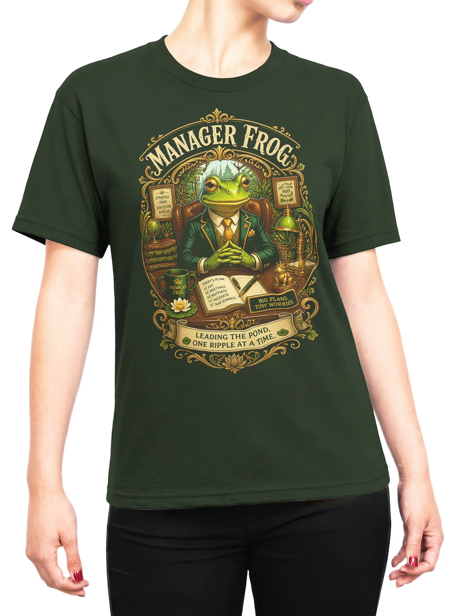 Woman wearing the green manager frog office humor t-shirt with detailed vintage illustration on the front