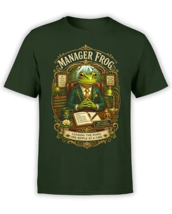 Green unisex t-shirt with vintage manager frog office illustration and ornate gold frame-style artwork on the chest