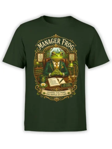 Green unisex t-shirt with vintage manager frog office illustration and ornate gold frame-style artwork on the chest