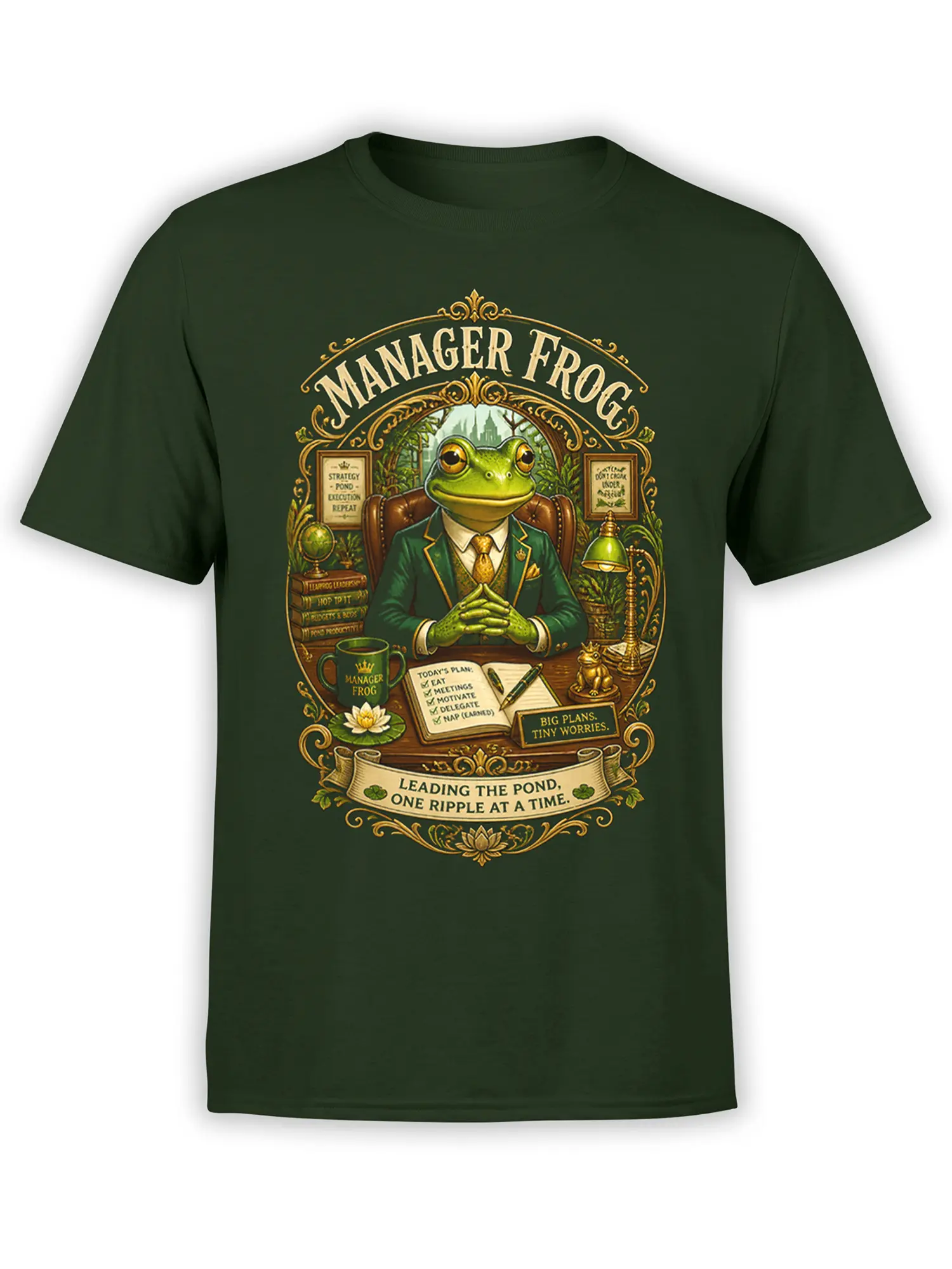Green unisex t-shirt with vintage manager frog office illustration and ornate gold frame-style artwork on the chest