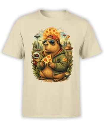 Beige unisex t-shirt with a streetwear bear eating pizza, surrounded by a pizza sun, flying slices, robot, and detailed city skyline