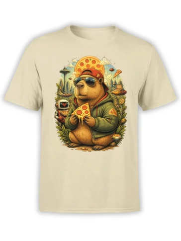 Beige unisex t-shirt with a streetwear bear eating pizza, surrounded by a pizza sun, flying slices, robot, and detailed city skyline