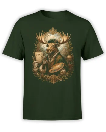 Unisex deep green shirt with detailed Renaissance moose artist portrait holding palette and brush in ornate frame