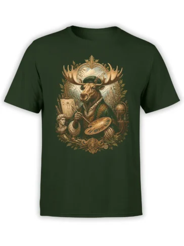 Unisex deep green shirt with detailed Renaissance moose artist portrait holding palette and brush in ornate frame