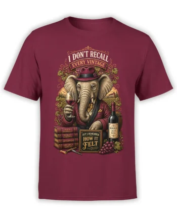 front view of red unisex t-shirt with dapper elephant drinking wine among books, grapes, and vineyard artwork