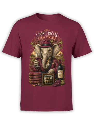 front view of red unisex t-shirt with dapper elephant drinking wine among books, grapes, and vineyard artwork