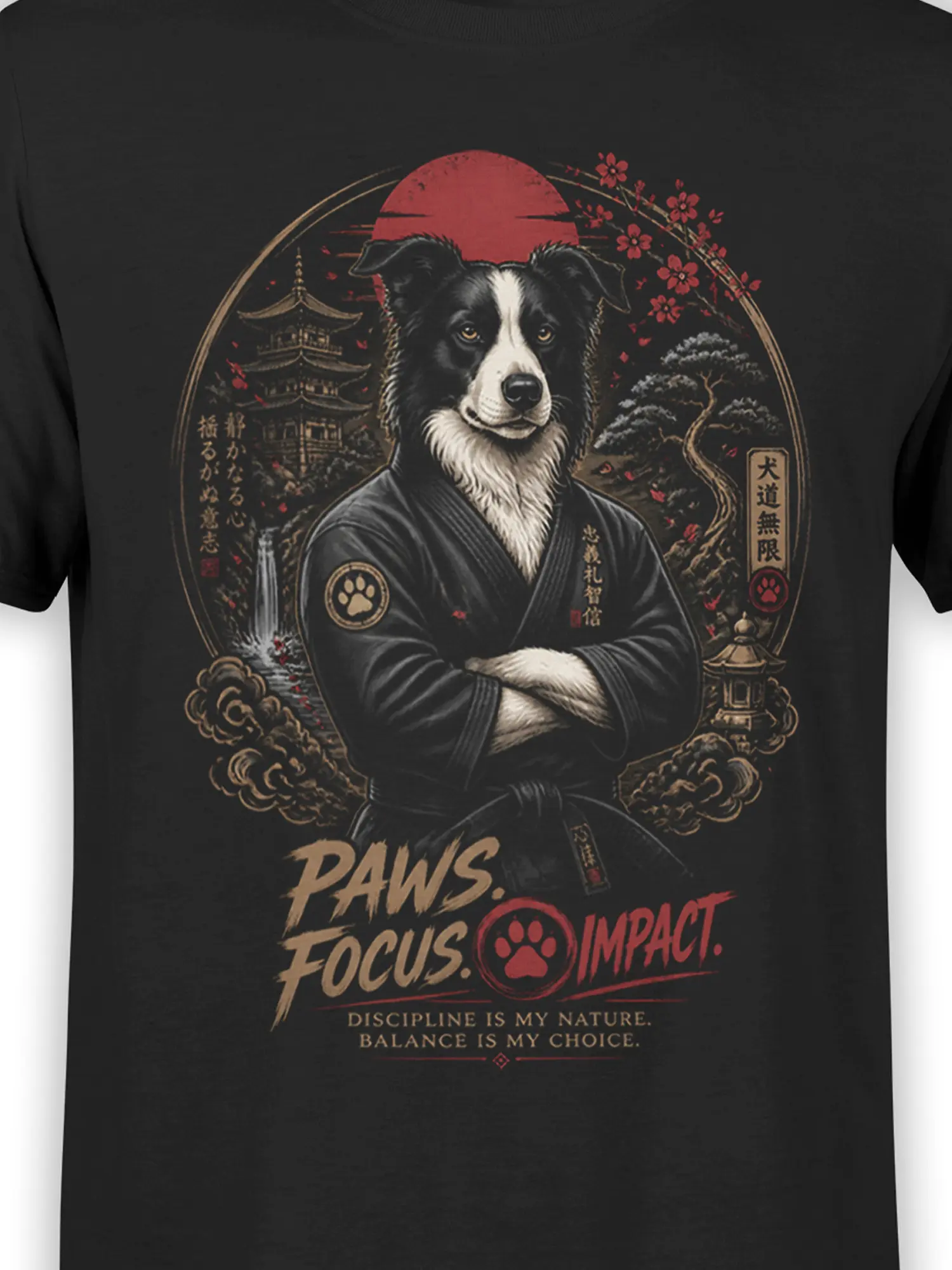 Close-up of border collie sensei in black gi with red sun, pagoda, clouds, and “Paws. Focus. Impact.” text on black cotton shirt