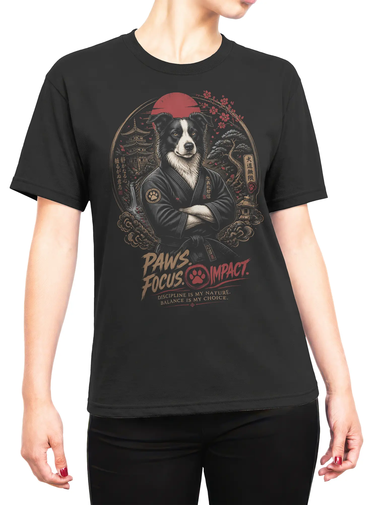 Woman wearing black dojo collie dog shirt with border collie sensei and Japanese sunset martial arts scene