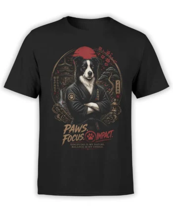 Black unisex t-shirt with a border collie martial arts sensei, red sun, Japanese temple and cherry blossoms plus “Paws. Focus. Impact.” slogan