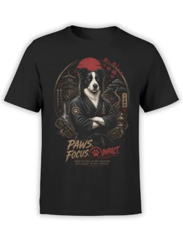 Black unisex t-shirt with a border collie martial arts sensei, red sun, Japanese temple and cherry blossoms plus “Paws. Focus. Impact.” slogan