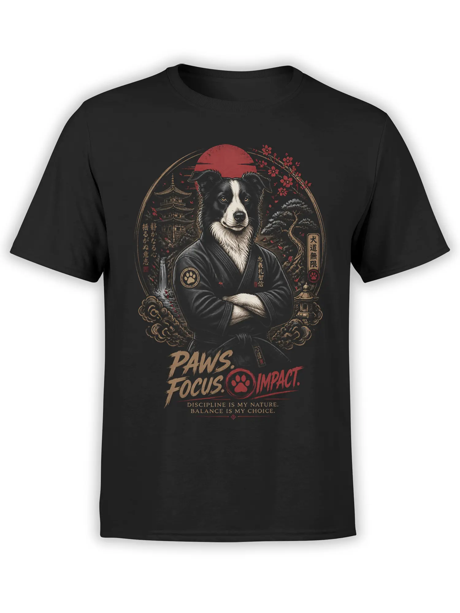 Black unisex t-shirt with a border collie martial arts sensei, red sun, Japanese temple and cherry blossoms plus “Paws. Focus. Impact.” slogan