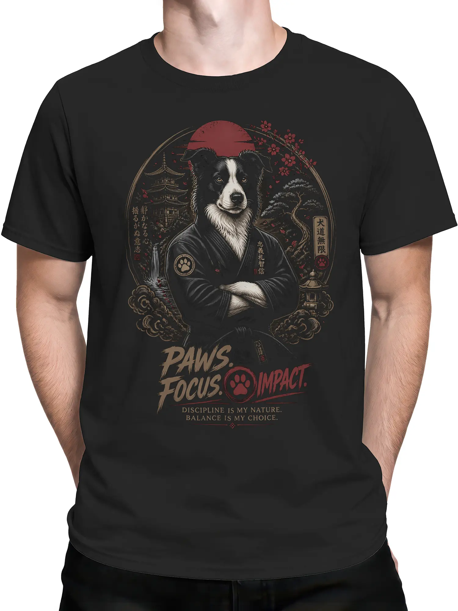 Man wearing black martial arts dog tee with border collie sensei, red sun, and “Paws. Focus. Impact.” text