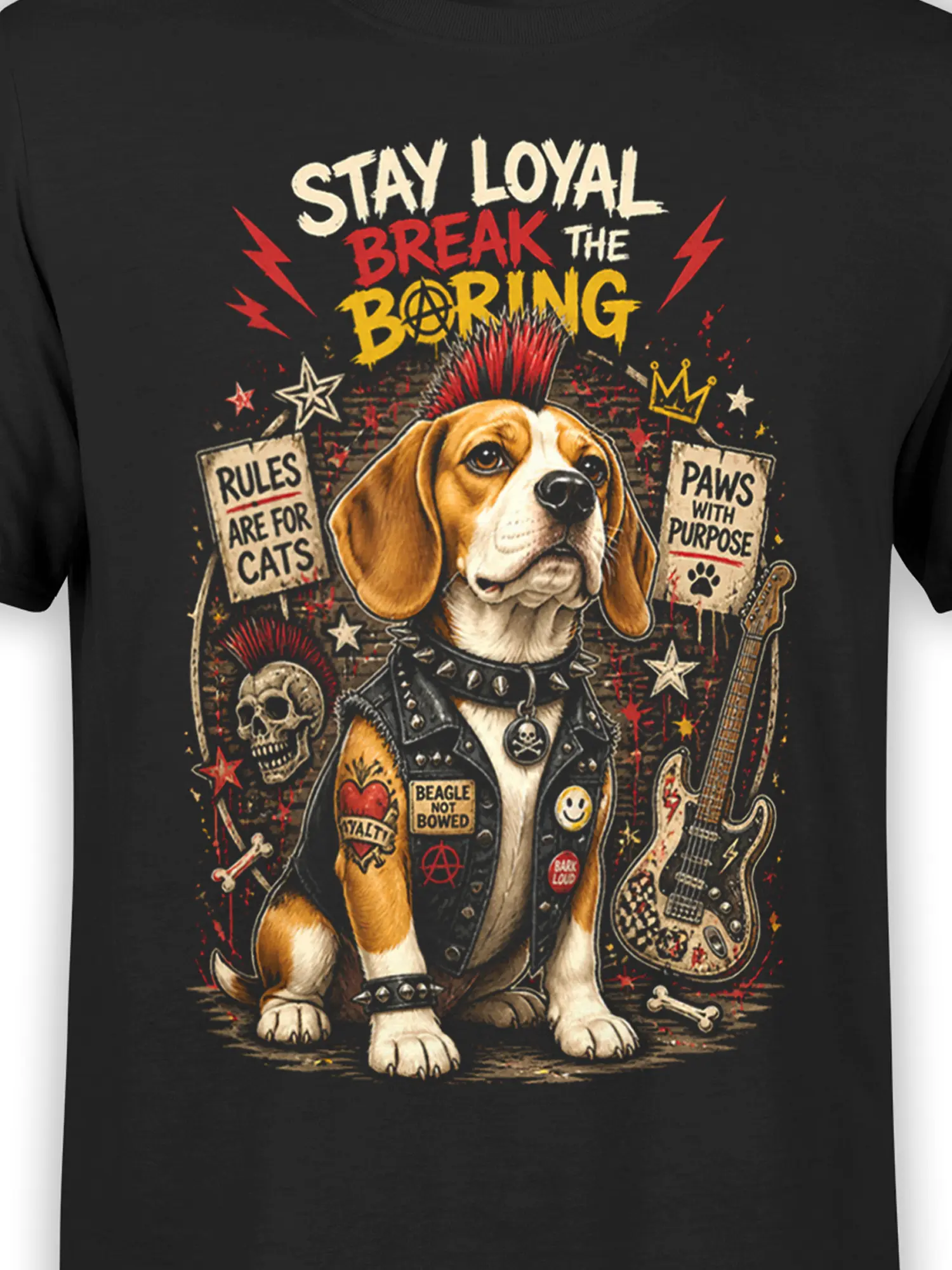 close-up of punk beagle dog graphic with leather vest patches and stay loyal break the boring text on black cotton fabric