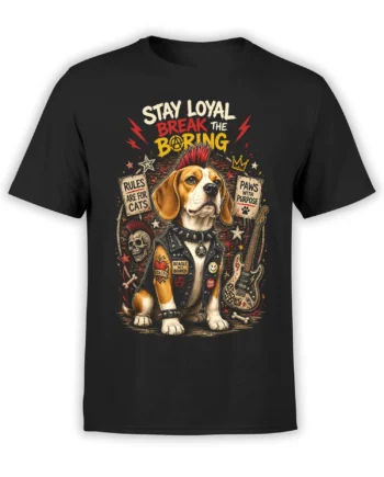 black t-shirt with punk beagle dog in leather vest and stay loyal break the boring slogan in bold red and yellow rock style