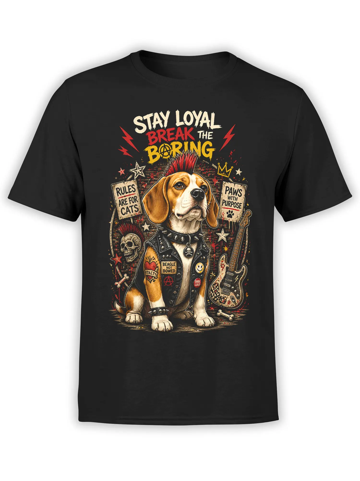 black t-shirt with punk beagle dog in leather vest and stay loyal break the boring slogan in bold red and yellow rock style