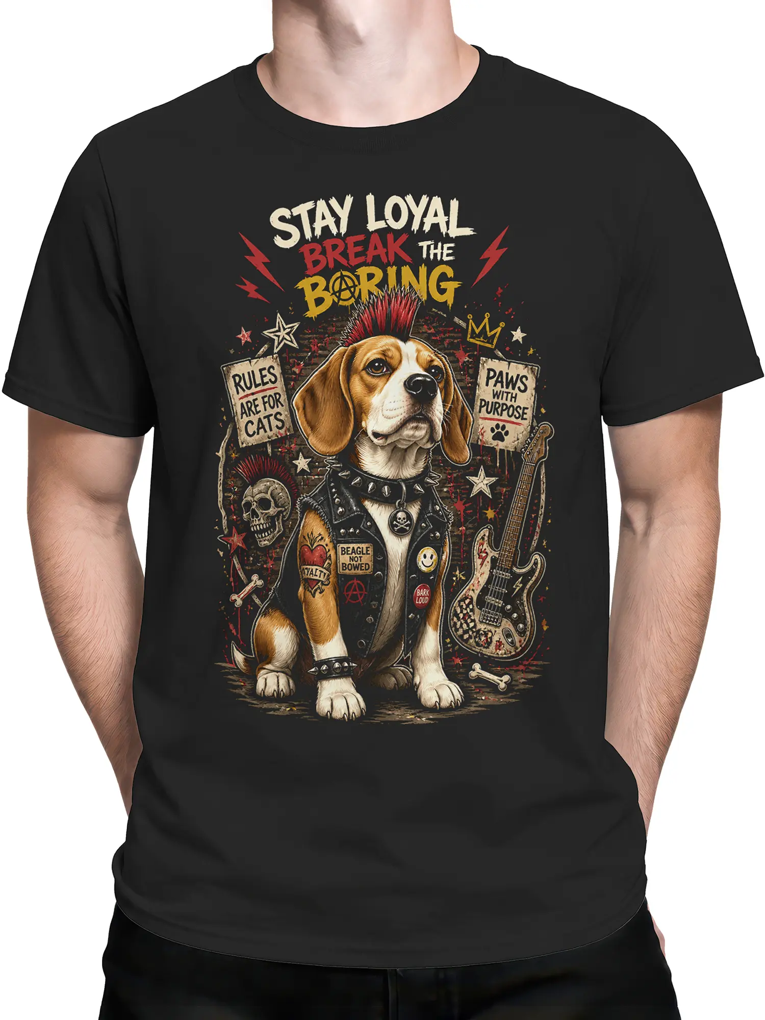 male model in black punk beagle dog shirt with stay loyal break the boring rock design centered on chest