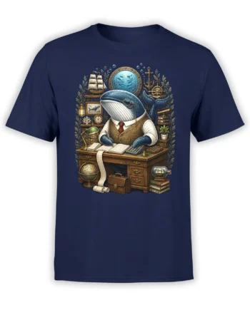navy unisex t-shirt with detailed illustration of a whale accountant at a vintage nautical desk surrounded by ocean-themed objects